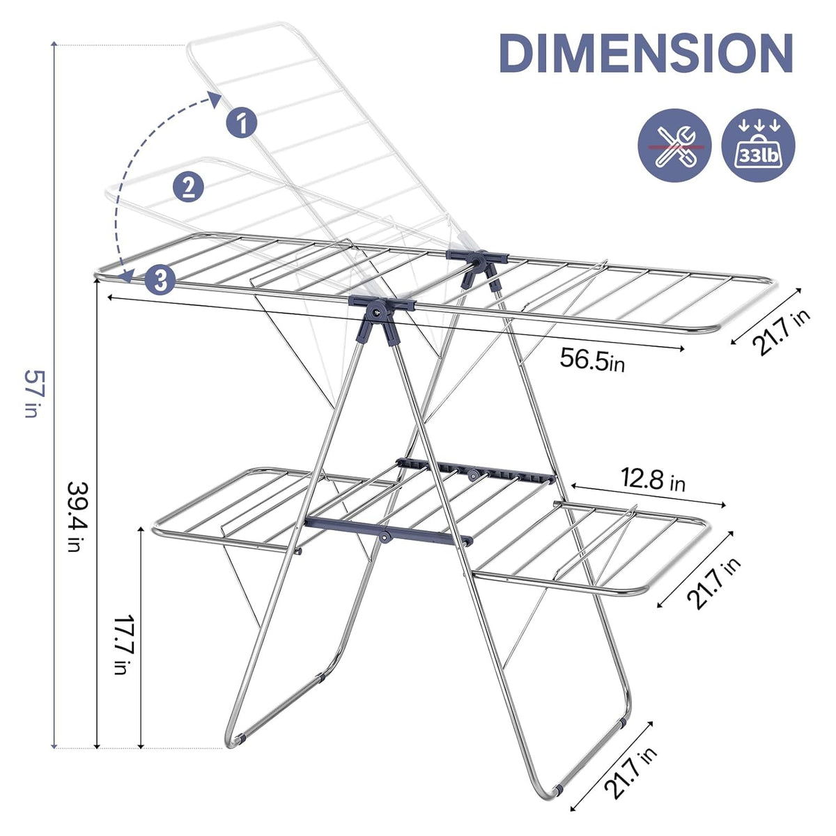 APEXCHASER Clothes Drying Rack with 4 Wings, Drying Rack Clothing with Height-Adjustable, Foldable