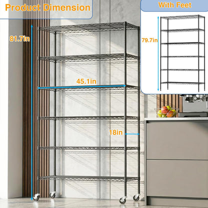 BestOffice | 6-Tier Wire Shelf with Wheels | 18" x 45" x 82" | Black
