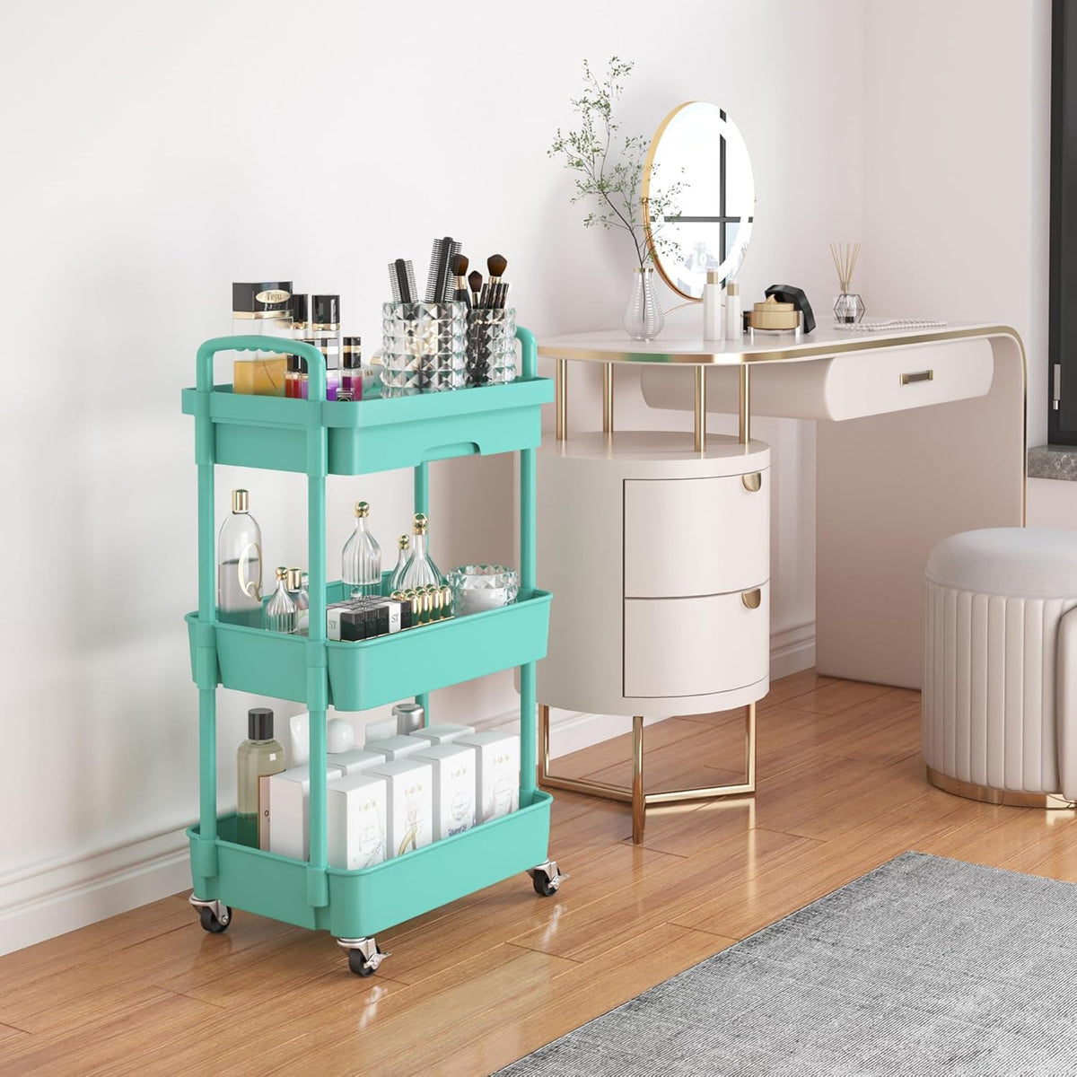 Calmootey 3-Tier Rolling Utility Cart with Drawer,Multifunctional Storage Organizer with Plastic