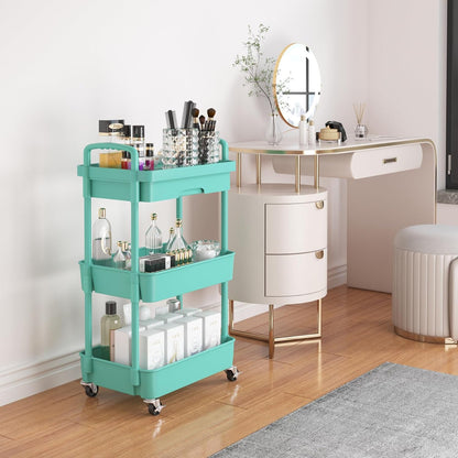 Calmootey 3-Tier Rolling Utility Cart with Drawer,Multifunctional Storage Organizer with Plastic