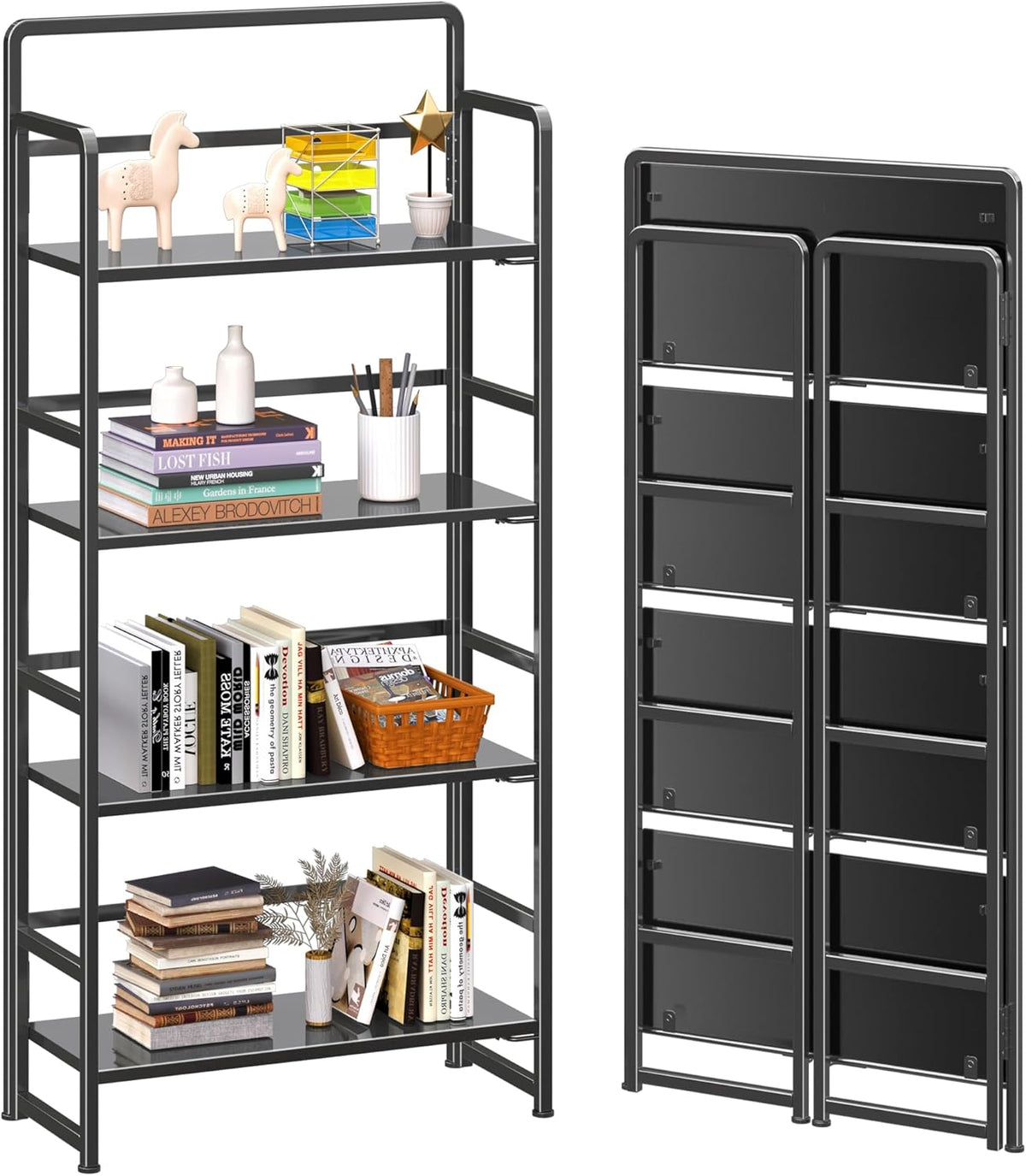 4NM No Assembly Foldable Bookshelf, 4-Shelf Collapsible Bookcase Storage for Small Spaces, 54" H