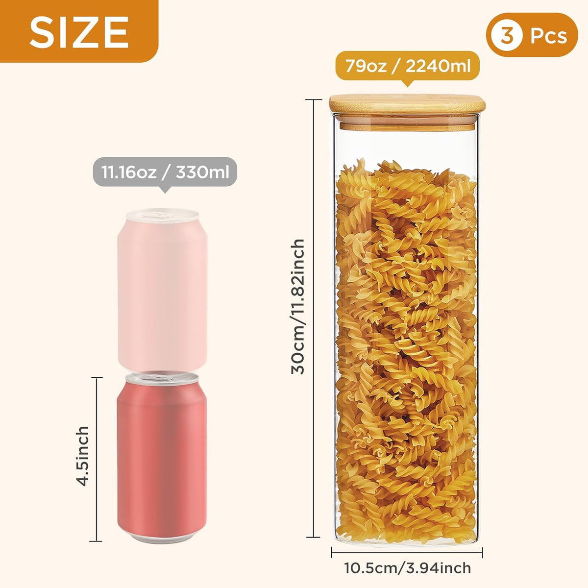 Square Glass Food Storage Jars with Lids[Set of 3], Perfect for Pasta, Cookies, Nuts, Coffee