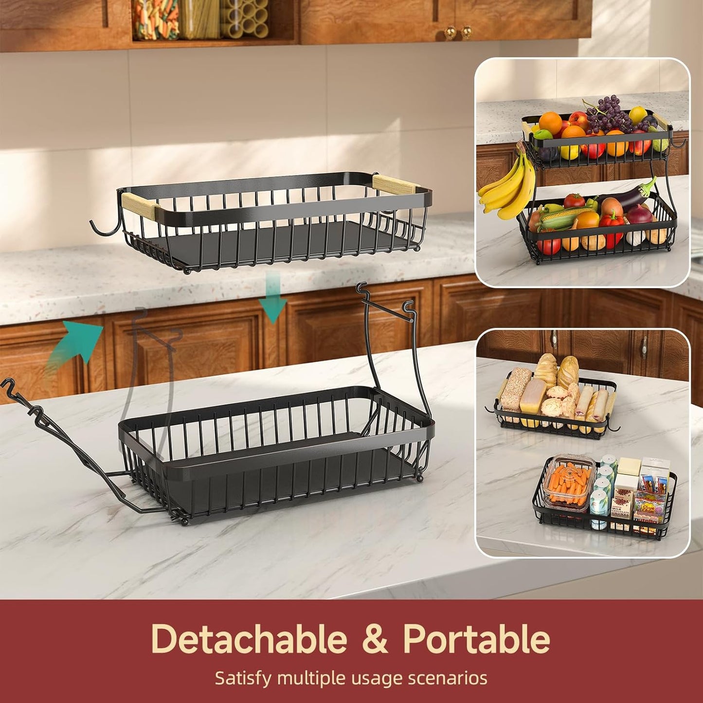 2 Tier Fruit Basket for Kitchen Counter with 2 Mobile Banana Hangers, 2025 Pro Detachable Metal