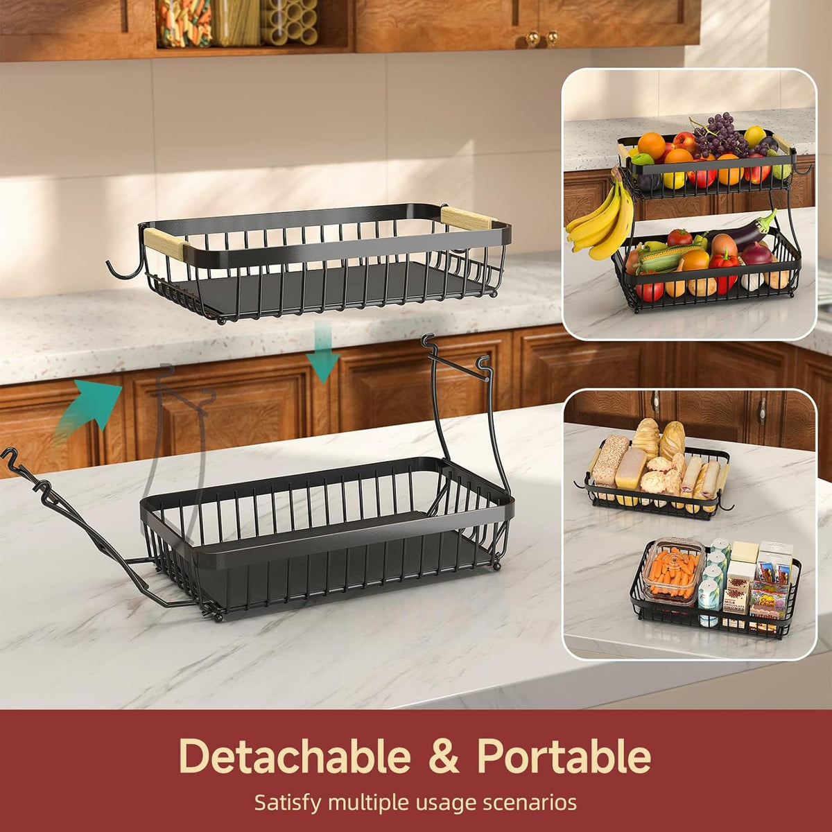 3 Tier Fruit Basket for Kitchen Counter with 2 Mobile Banana Hangers, 2025 Pro Detachable Metal