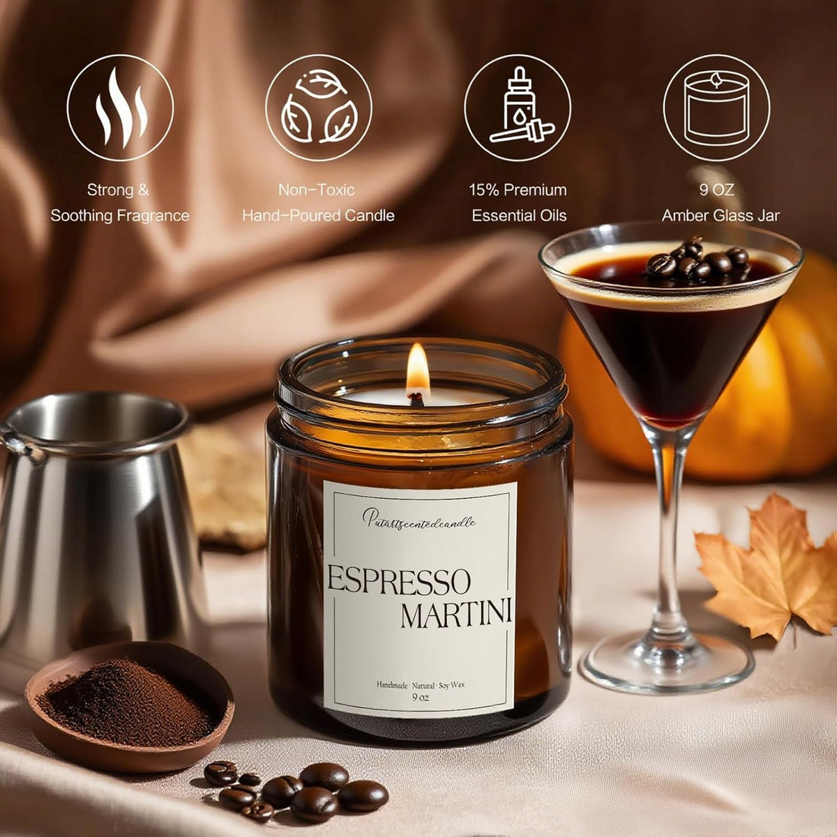 Espresso Martini Highly Scented Candles for Home, 9oz Natural Soy Aromatherapy Coffee Candle with