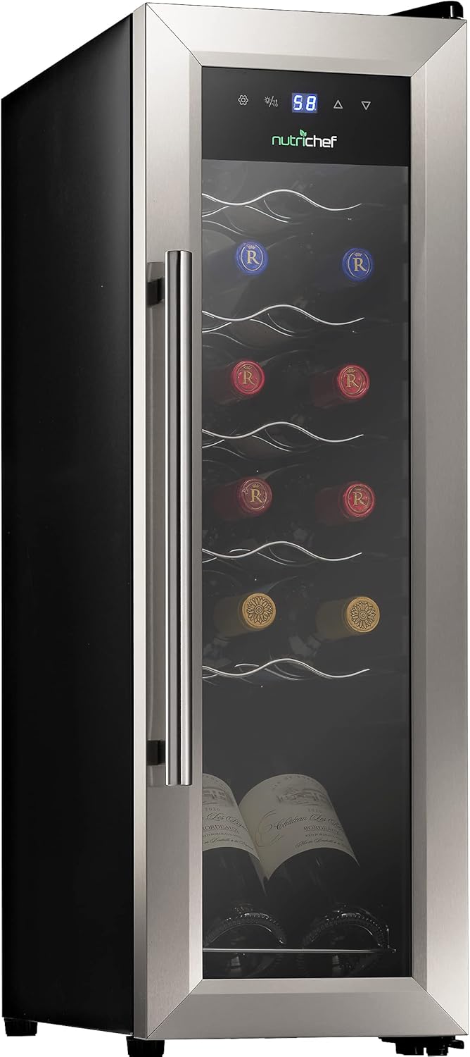 NutriChef PKCWC12 12 Bottle Cooler Refrigerator White and Red Countertop Chiller, Freestanding