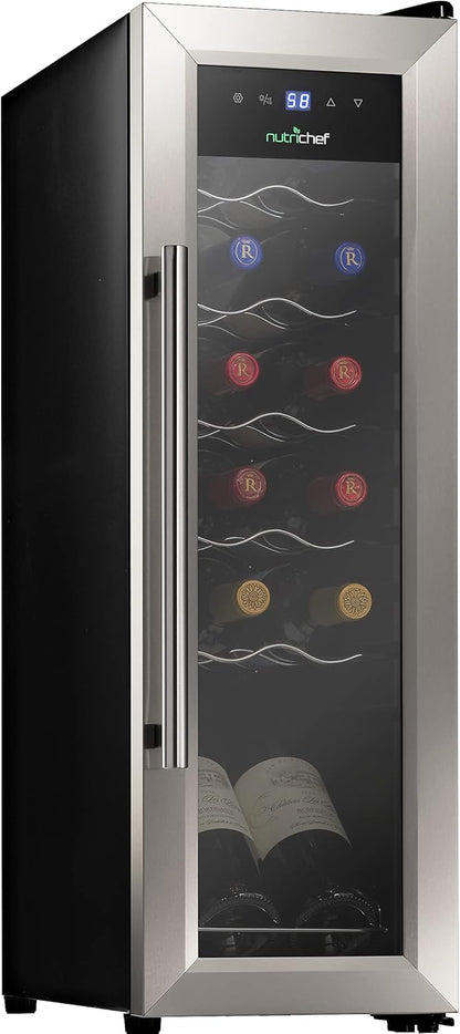 NutriChef PKCWC12 12 Bottle Cooler Refrigerator White and Red Countertop Chiller, Freestanding