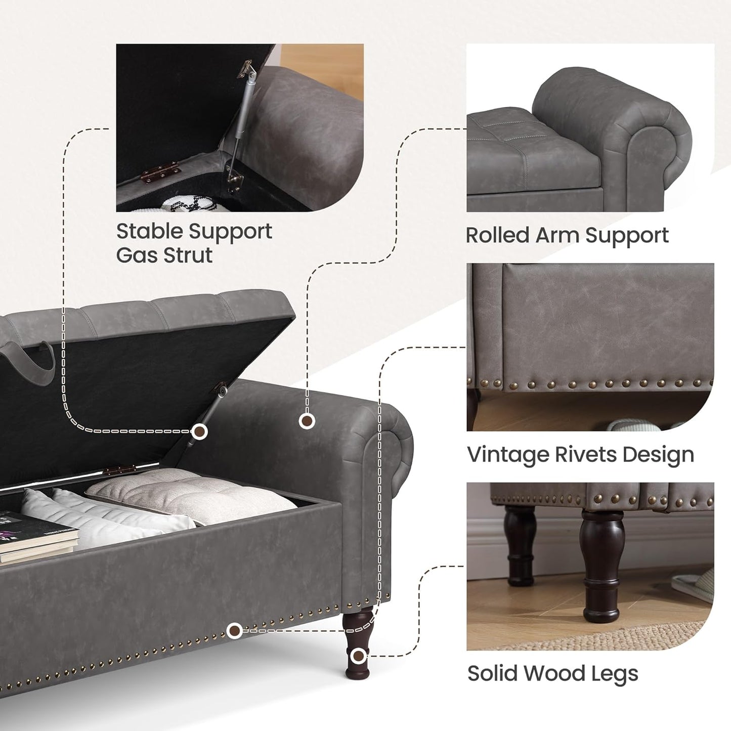 Storage Bench for Bedroom, 51" Full Queen Storage Bench, Upholstered Bedroom Bench with Rolled Arms