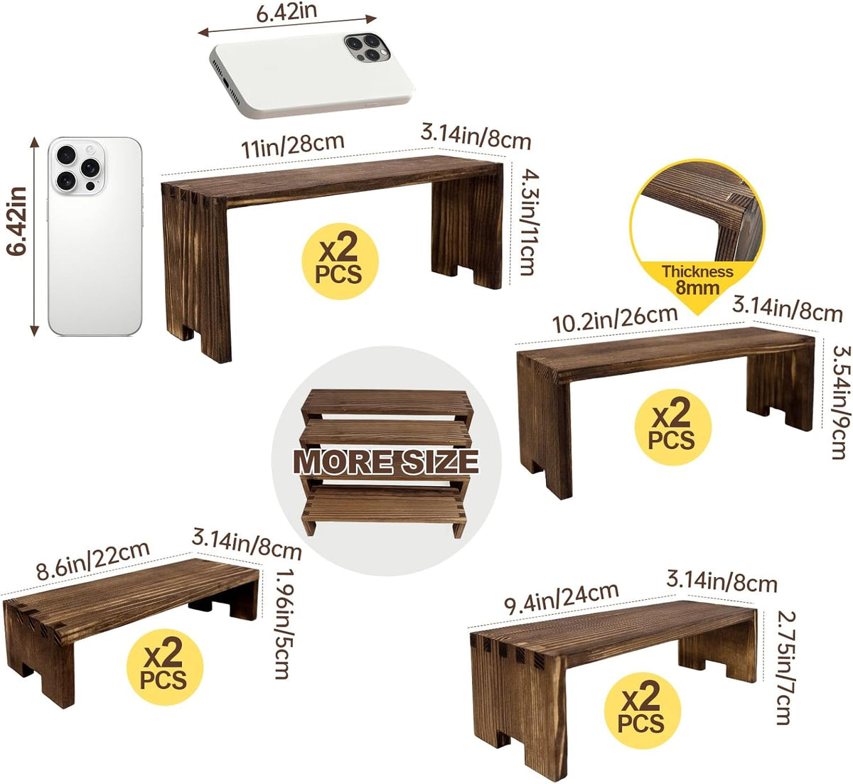 Large Display Wood Risers Wooden Stand 8 Tier Wood Racks Decorative Rectangular, 2 Set 8 Pieces