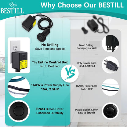 BESTILL Garbage Disposal Sink Top Air Switch Kit with Single Outlet, Matte Black 3.6" Long Push