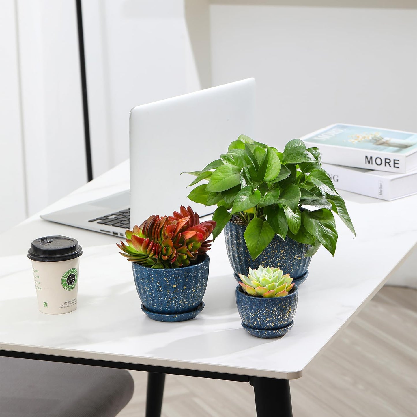 Ceramic Plant Pots with Drainage Holes and Saucers, Round Blue Flower Pots for Indoor Plant