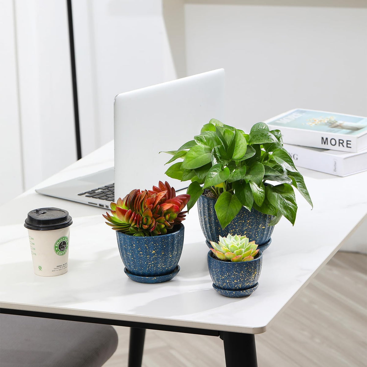 Ceramic Plant Pots with Drainage Holes and Saucers, Round Blue Flower Pots for Indoor Plant
