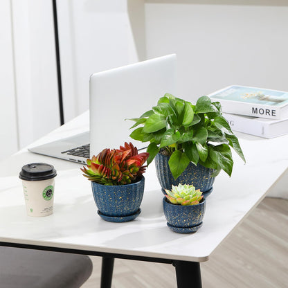 Ceramic Plant Pots with Drainage Holes and Saucers, Round Blue Flower Pots for Indoor Plant