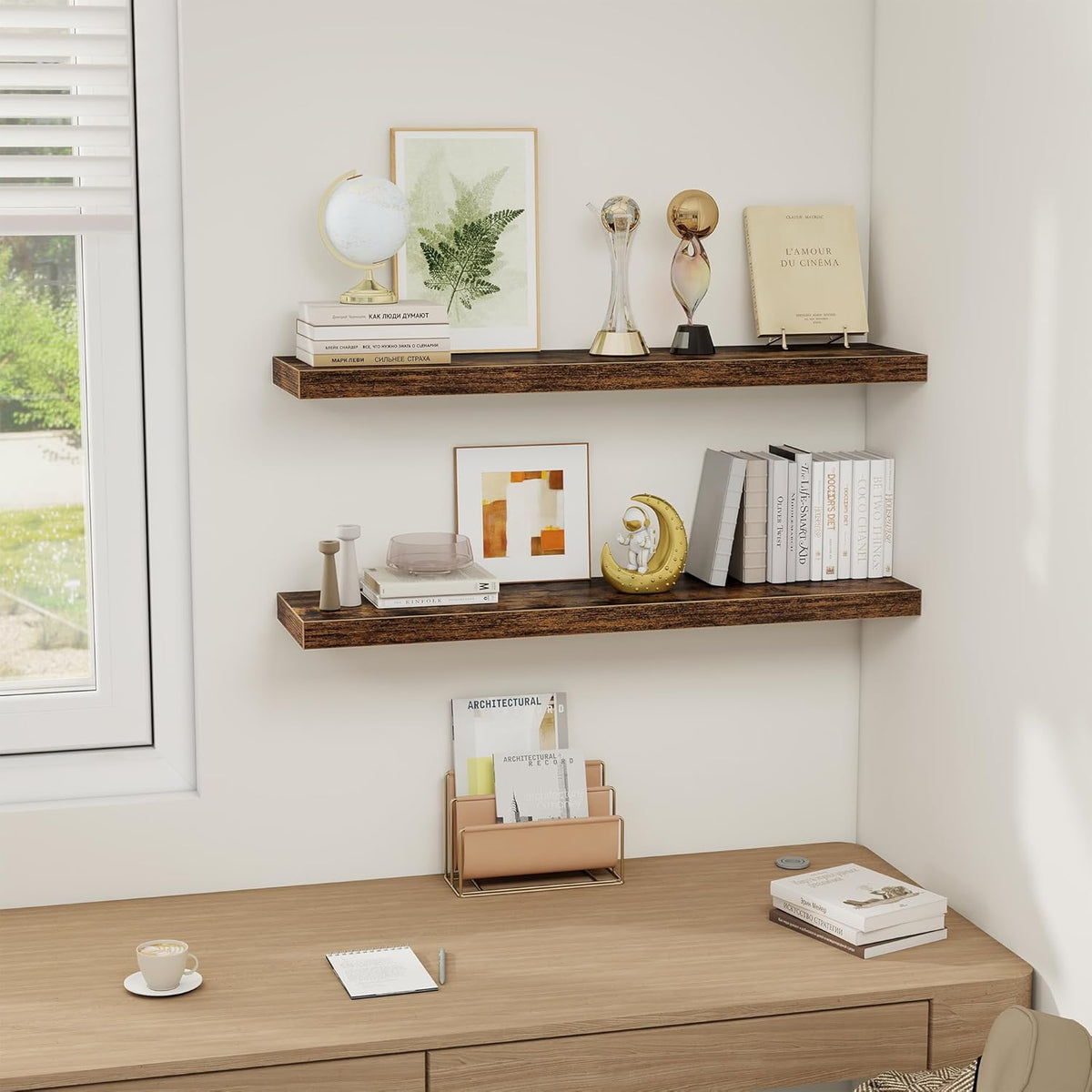 Fun Memories 36 x 8 Inch Floating Shelves for Wall, Farmhouse Bathroom Shelves Set of 2, Wood Wall