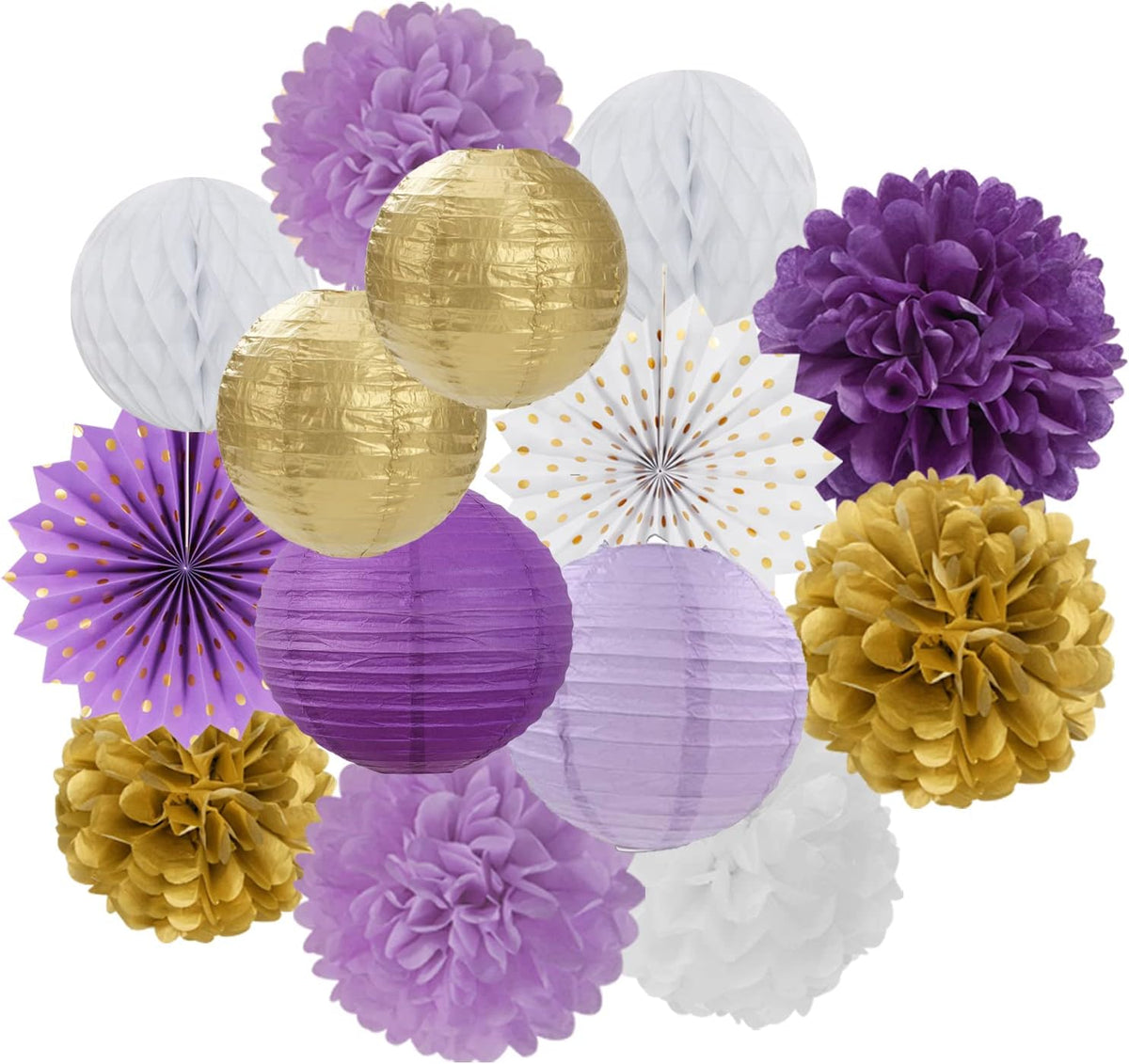 Purple-Gold Party Decorations Streamers Lanterns - 14pcs White Lavender Paper Fan Graduation Woman