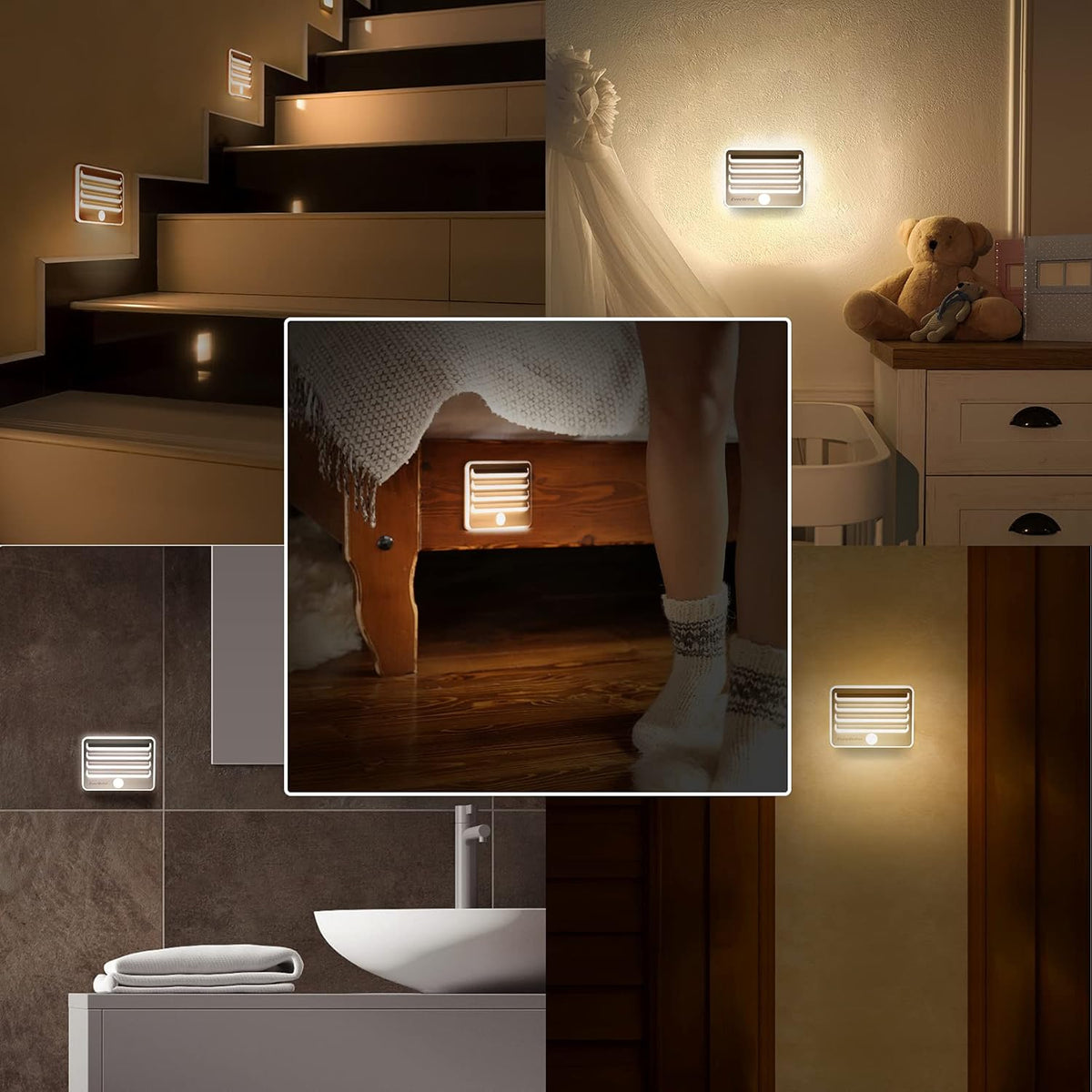 EverBrite Motion Sensor Night Lights, LED Soft Warm Light, Battery Powered Auto Stick-On Night