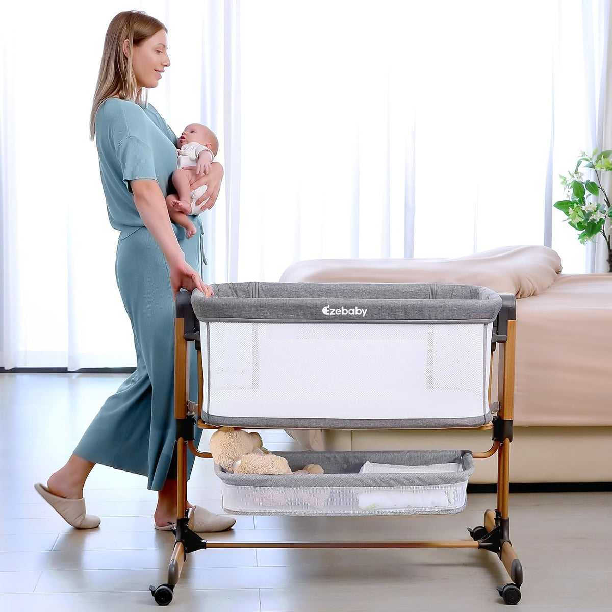 Ezebaby 3-in-1 Baby Bassinet, Rocking Baby Bassinets Bedside Sleeper, Adjustable Portable Crib for