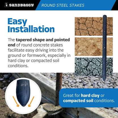 Sandbaggy Round Steel Concrete Form Stakes with Nail Holes - Rust Resistant Coating - Removable