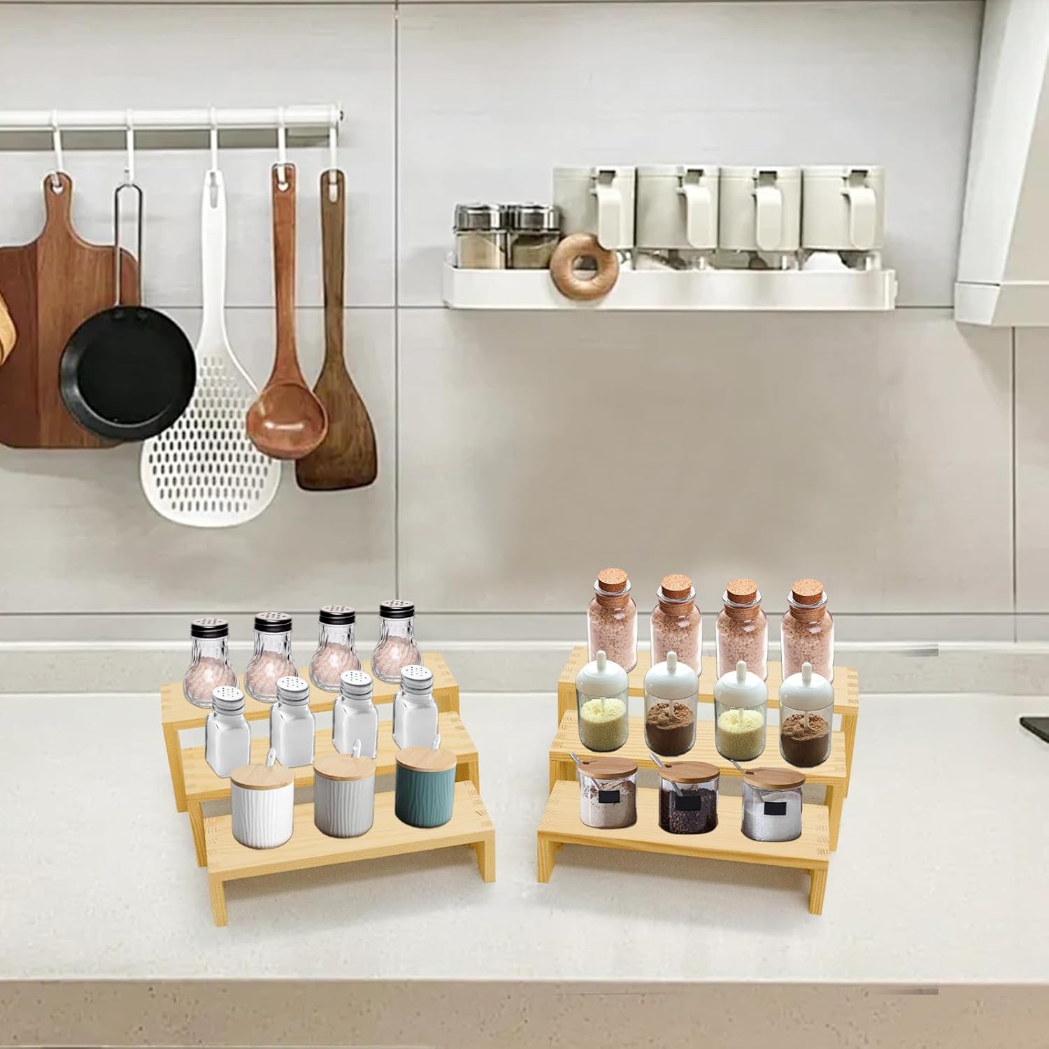 Display Wood Risers Wooden Stand 3 Tier Wood Racks Decorative Rectangular, 2 Set 6 Piece Cupcake