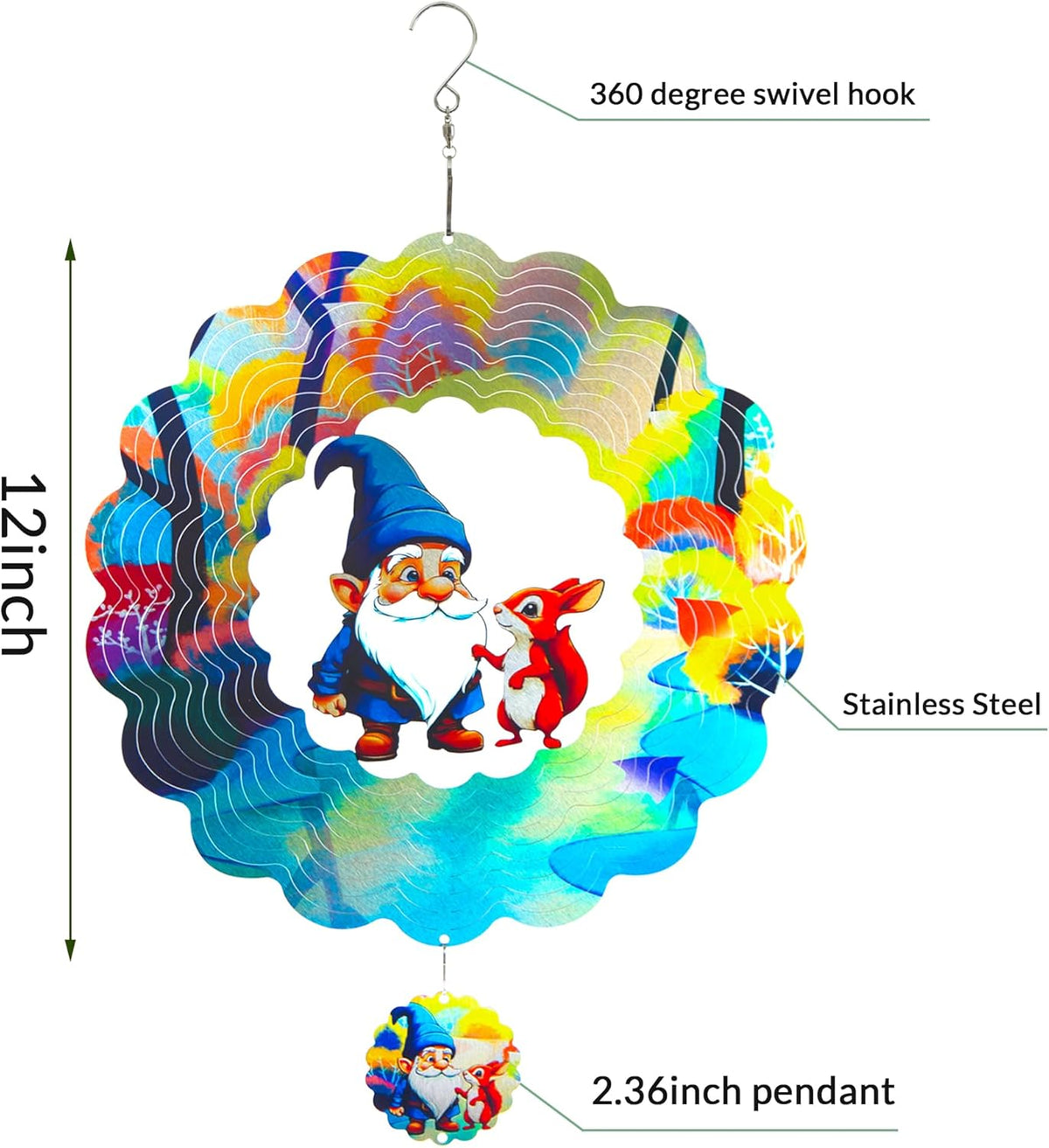 Gnomes Hanging Wind Spinners,12 Inch 3D Garden Spinner Kinetic Art Garden Decorations，Stainless