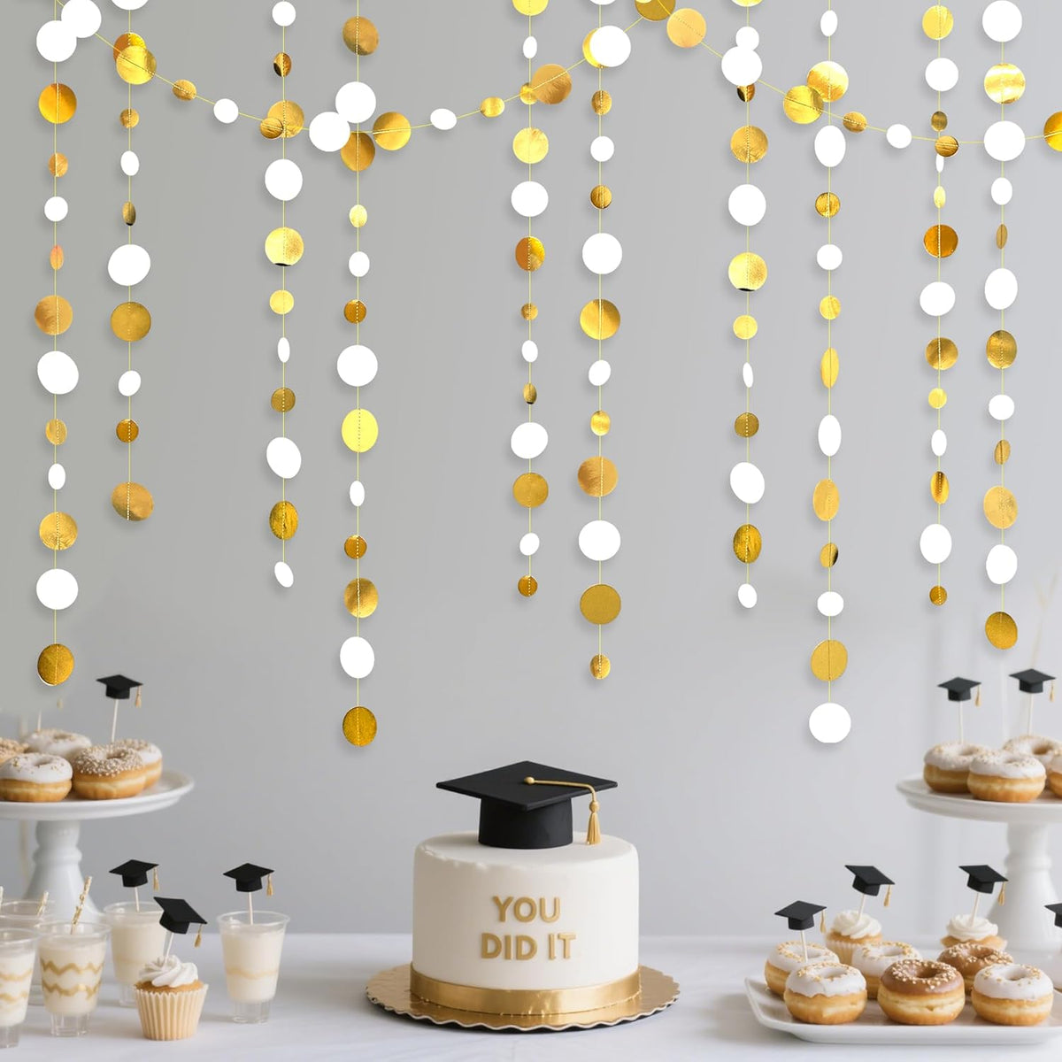 46 Feet White and Gold Circle Dots Garland Hanging Paper Polka Dots Streamer for Birthday