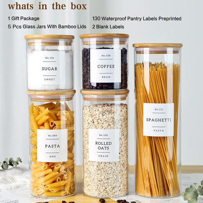 5 Pack Glass Jars with Bamboo Airtight Lids - Stackable Food Storage Containers with 132 Pantry