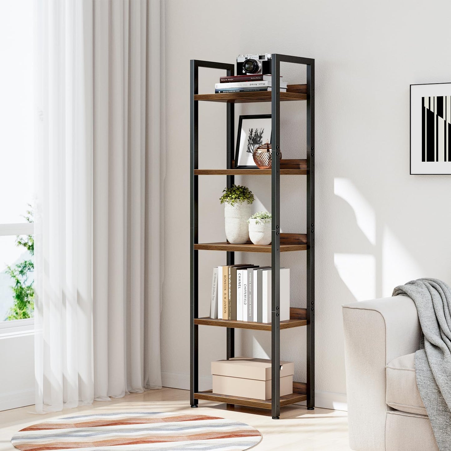 NUMENN Narrow Bookshelf, 5 Tier Bookshelves, Home Office Bookcase Shelf Storage Organizer, Free