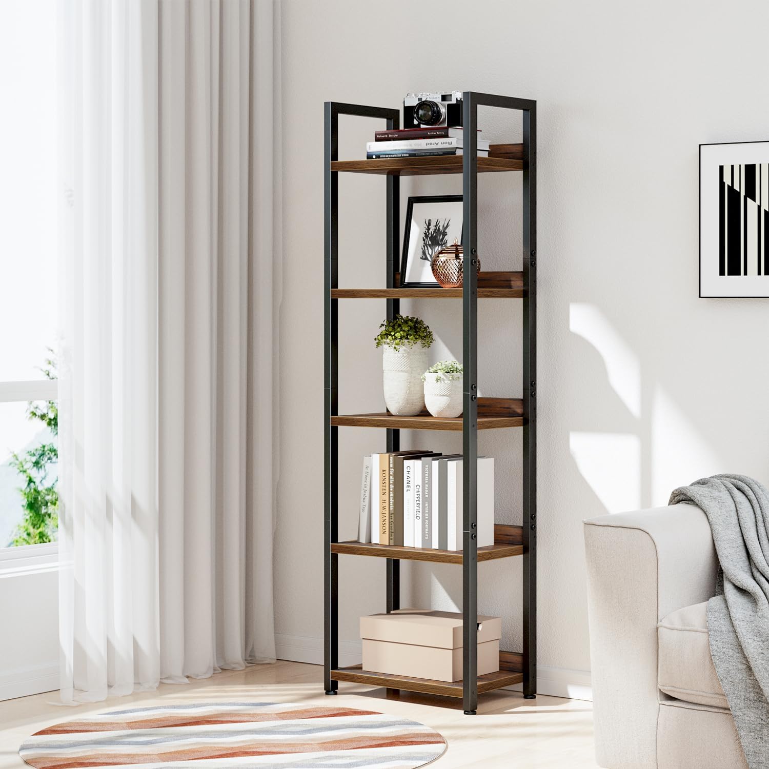 NUMENN Narrow Bookshelf, 5 Tier Bookshelves, Home Office Bookcase Shelf Storage Organizer, Free