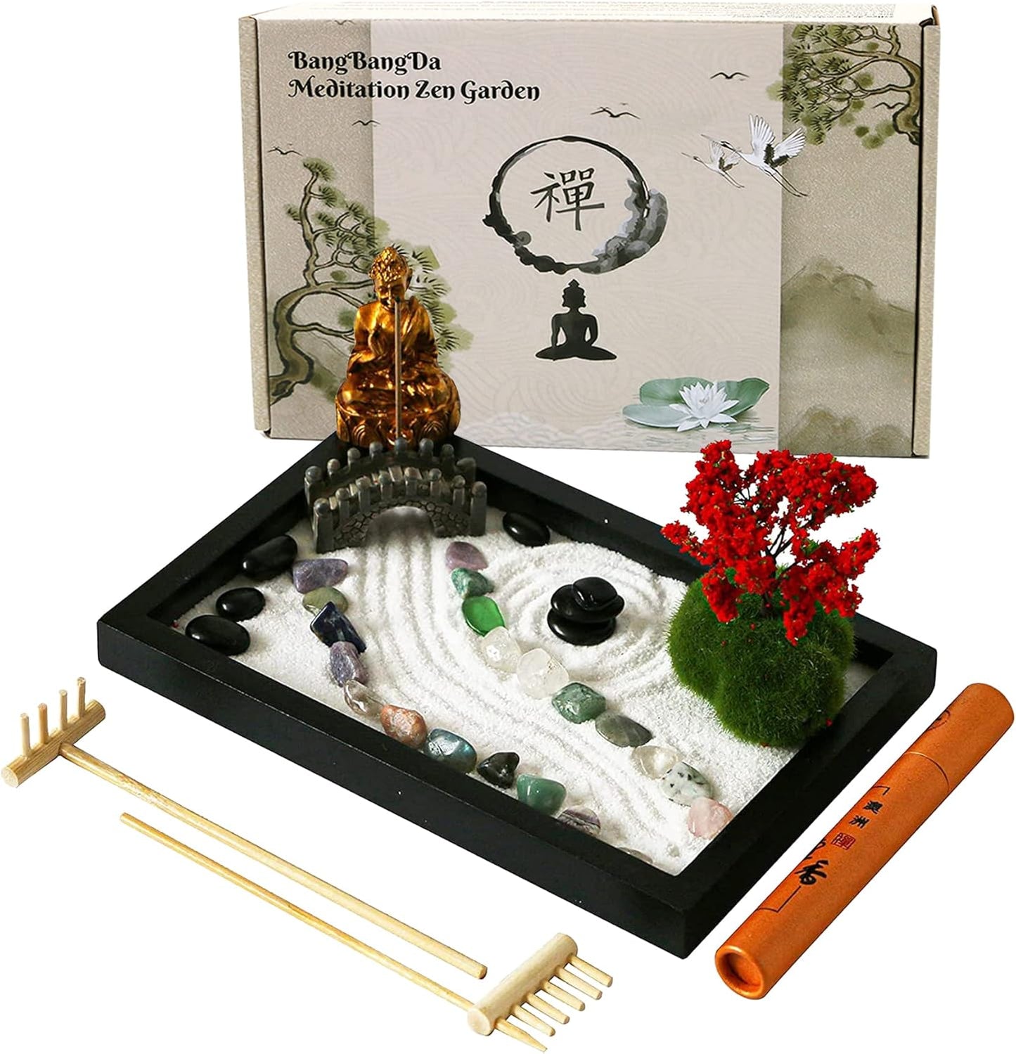 Mini Meditation Zen Garden Kit - Japanese Tabletop Rock Sand Chakra Buddha Garden Home Office Desk