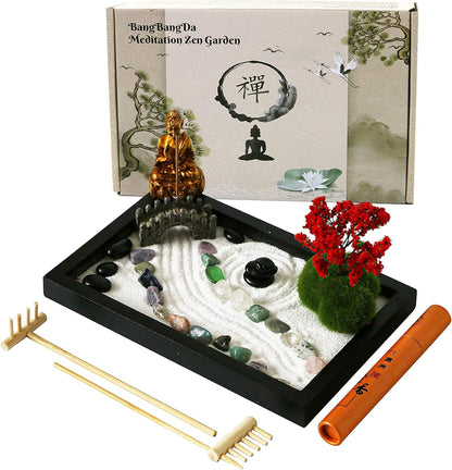 Mini Meditation Zen Garden Kit - Japanese Tabletop Rock Sand Chakra Buddha Garden Home Office Desk