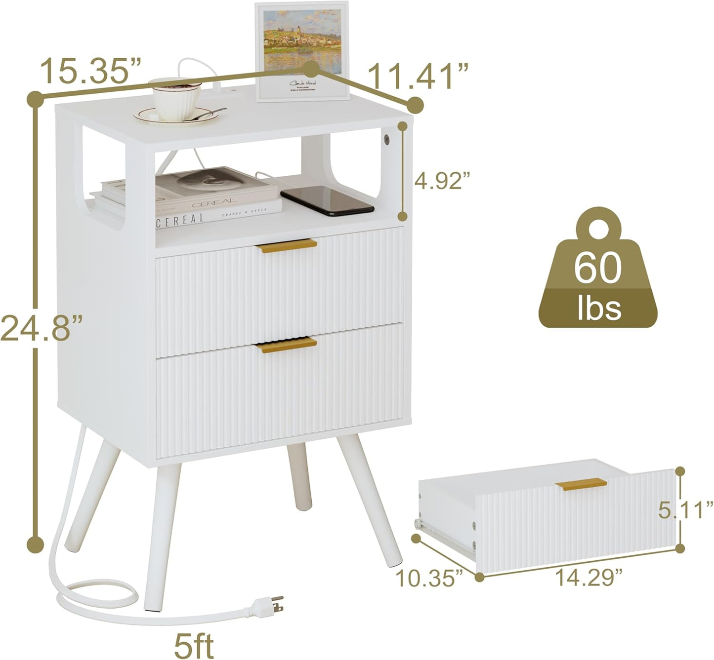 White Nightstand with Charging Station and LED Lights,Modern Bedside Table with 2 Storage Drawer