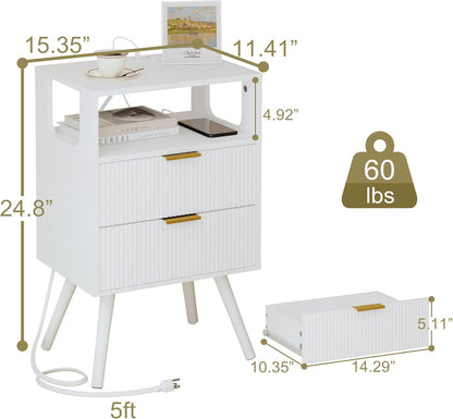 White Nightstand with Charging Station and LED Lights,Modern Bedside Table with 2 Storage Drawer