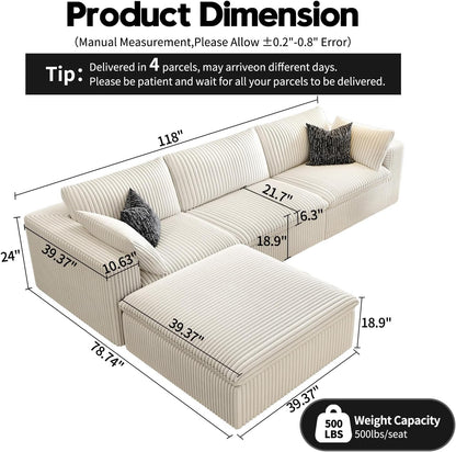 118" Cloud Couch Modular Sectional Sofa for Living Room,Modern Sofa with Deep Seat，L-Shape Boneless