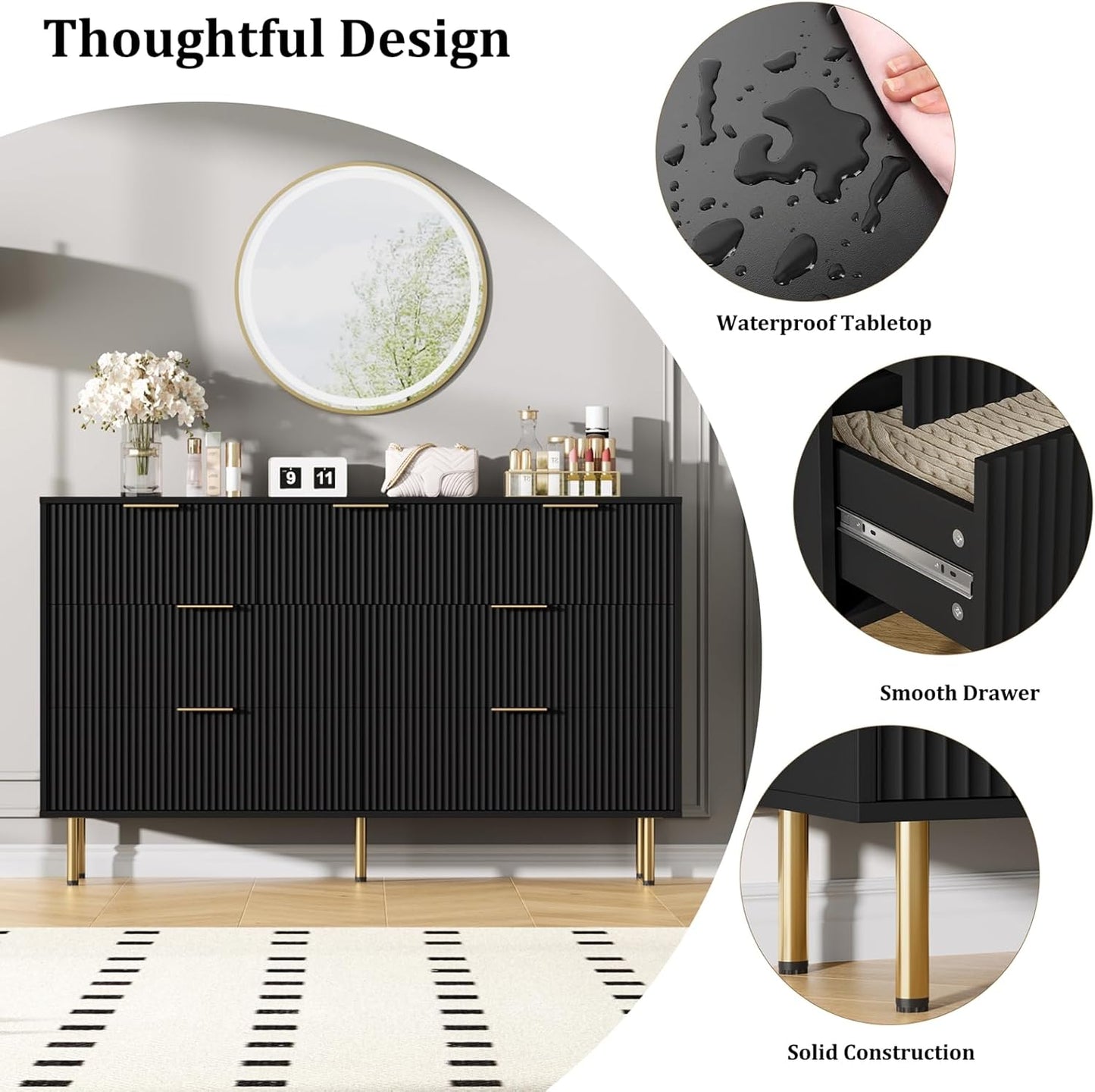 7 Drawers Dresser for Bedroom, Fluted Dresser Chest of Drawers with Gold Handle, Wood Modern
