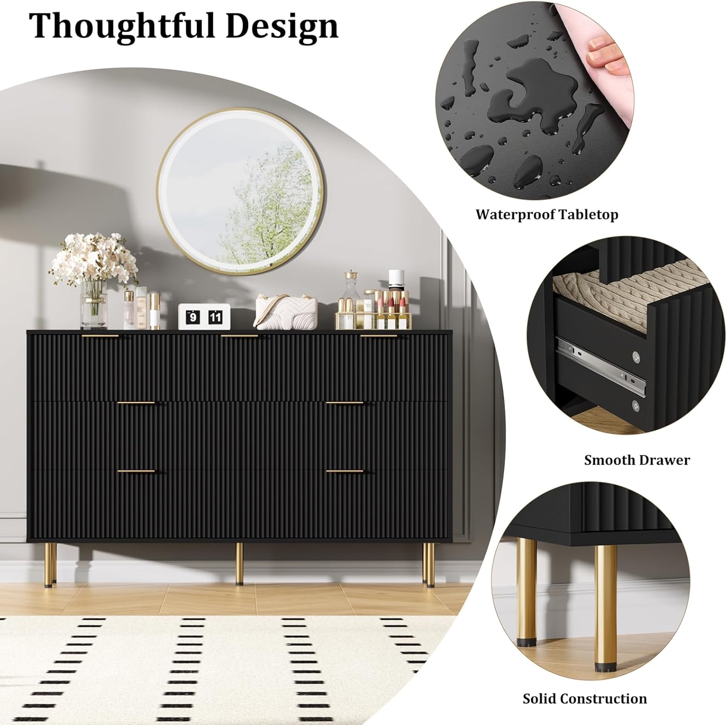 7 Drawers Dresser for Bedroom, Fluted Dresser Chest of Drawers with Gold Handle, Wood Modern