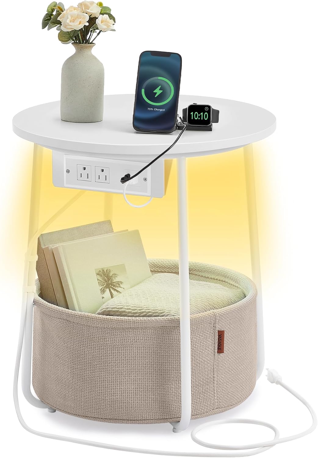 VASAGLE Side Table with Charging Station, Round End Table with Fabric Basket, LED Nightstand with
