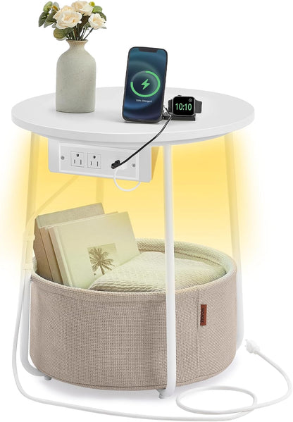 VASAGLE Side Table with Charging Station, Round End Table with Fabric Basket, LED Nightstand with
