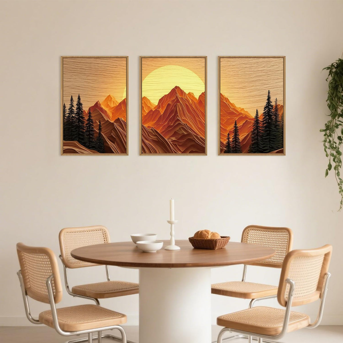 Large Mountain Framed Canvas Wall Art Set, Abstract Ridge Sun Painting, Boho Sunset Scenery Wall