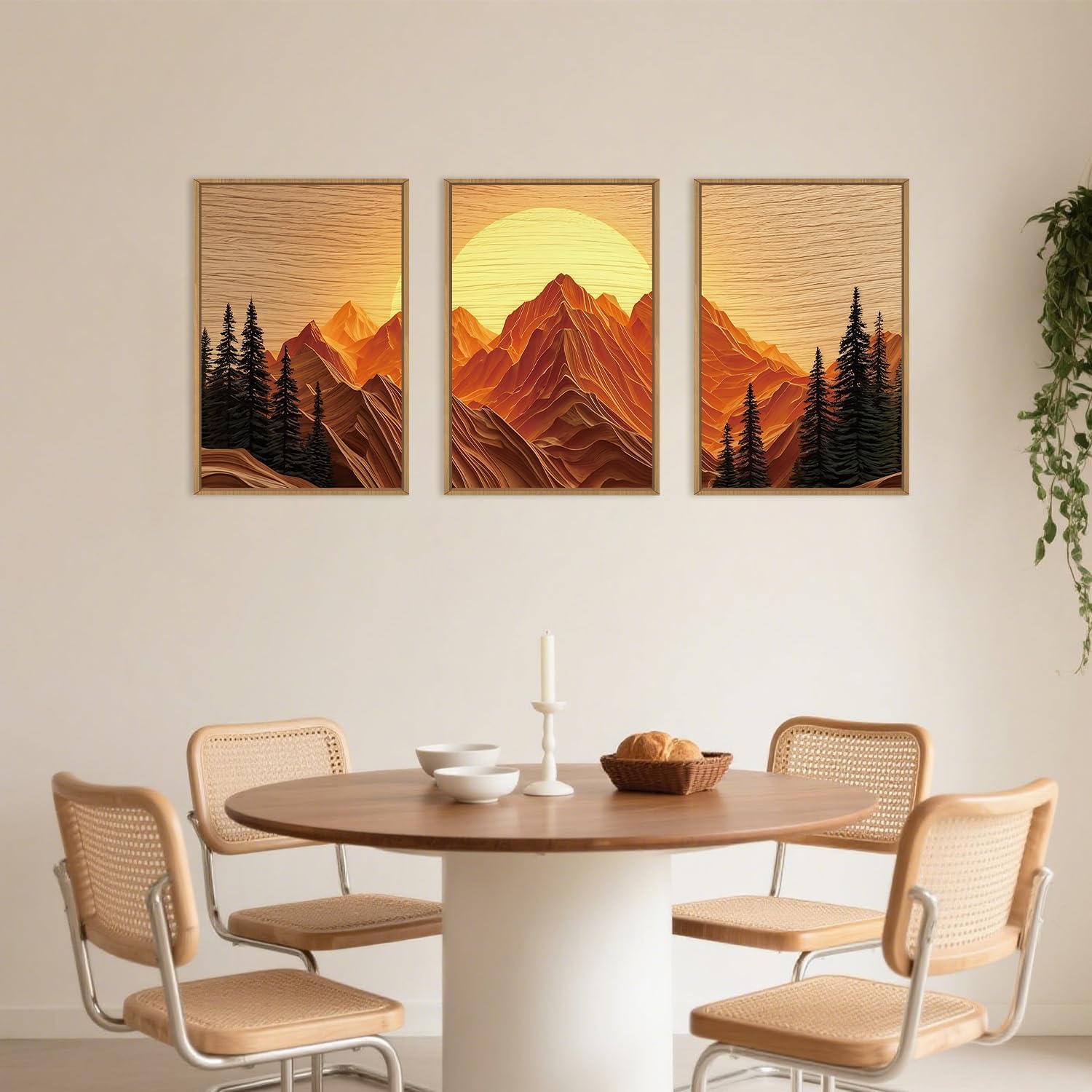 Large Mountain Framed Canvas Wall Art Set, Abstract Ridge Sun Painting, Boho Sunset Scenery Wall