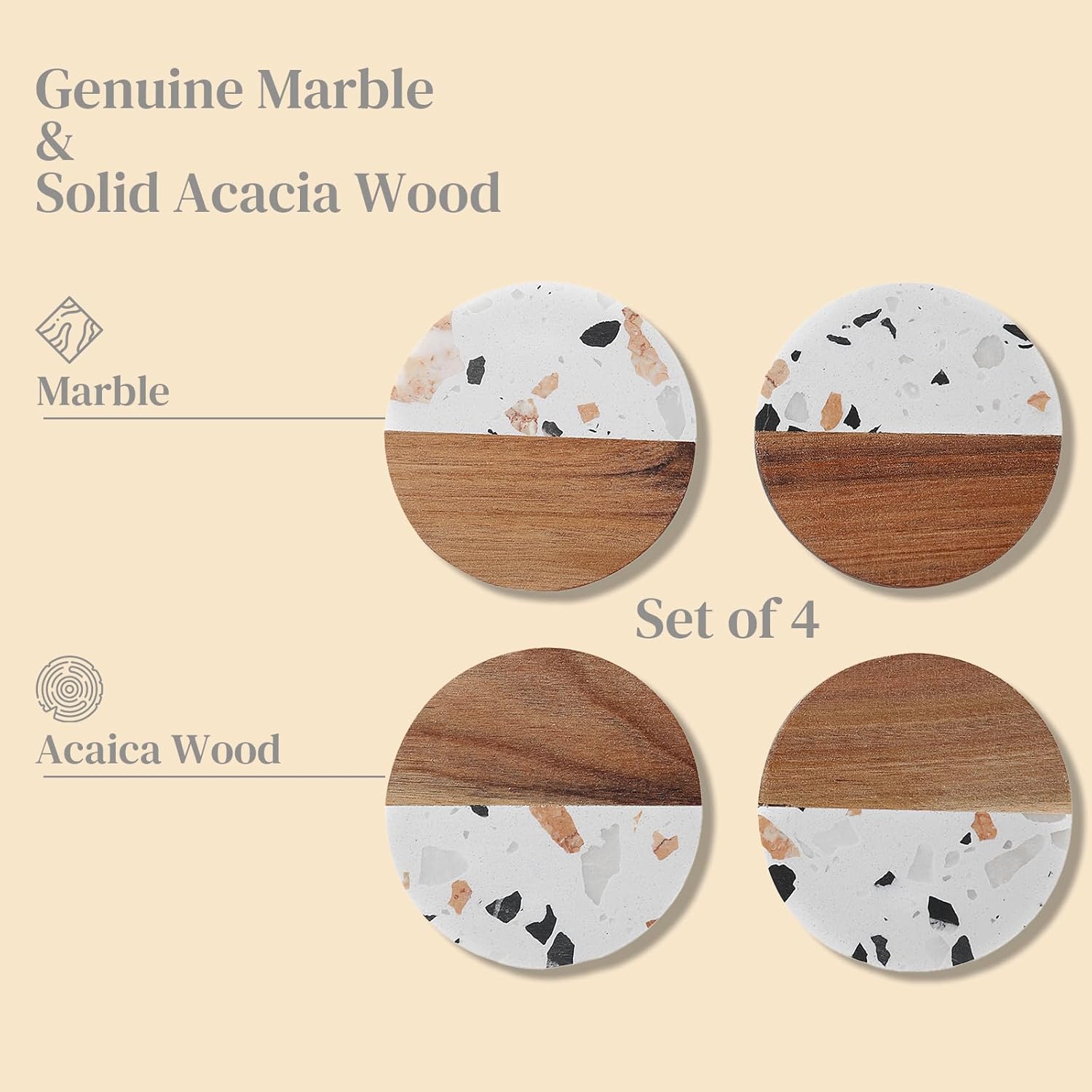 Drink Acacia Wood-Marble Coasters Set of 4,Cup Coaster for Coffee,Beverage,Cute Modern Cool