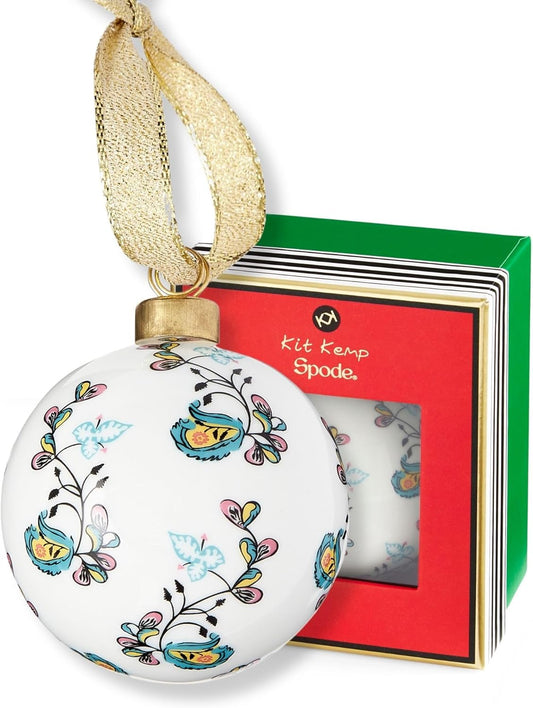 Spode Kit Kemp Psycho Sprig Yellow Bauble Christmas Bauble - Handcrafted Porcelain Festive