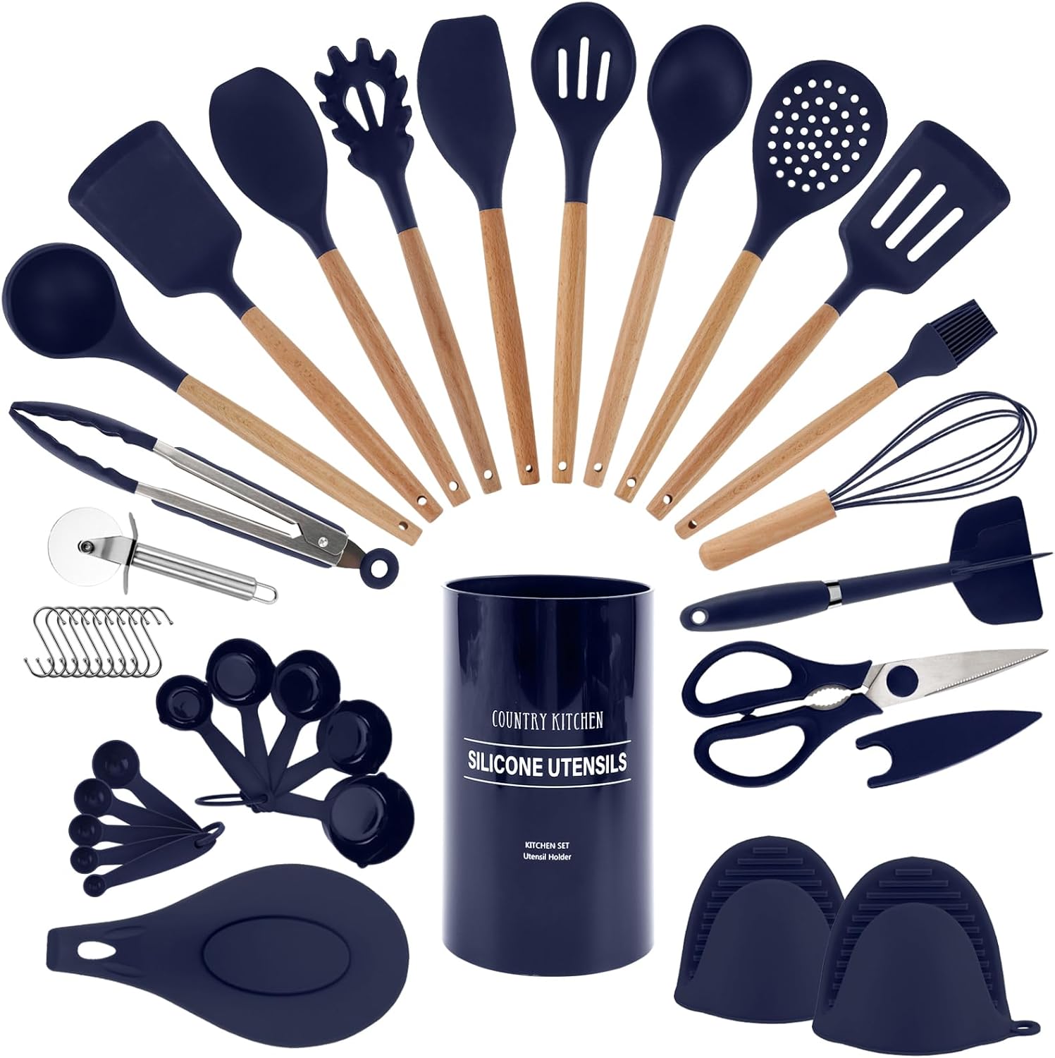 Country Kitchen Non Stick Silicone Utensil Set with Rounded Wood Handles for Cooking and Baking, 38