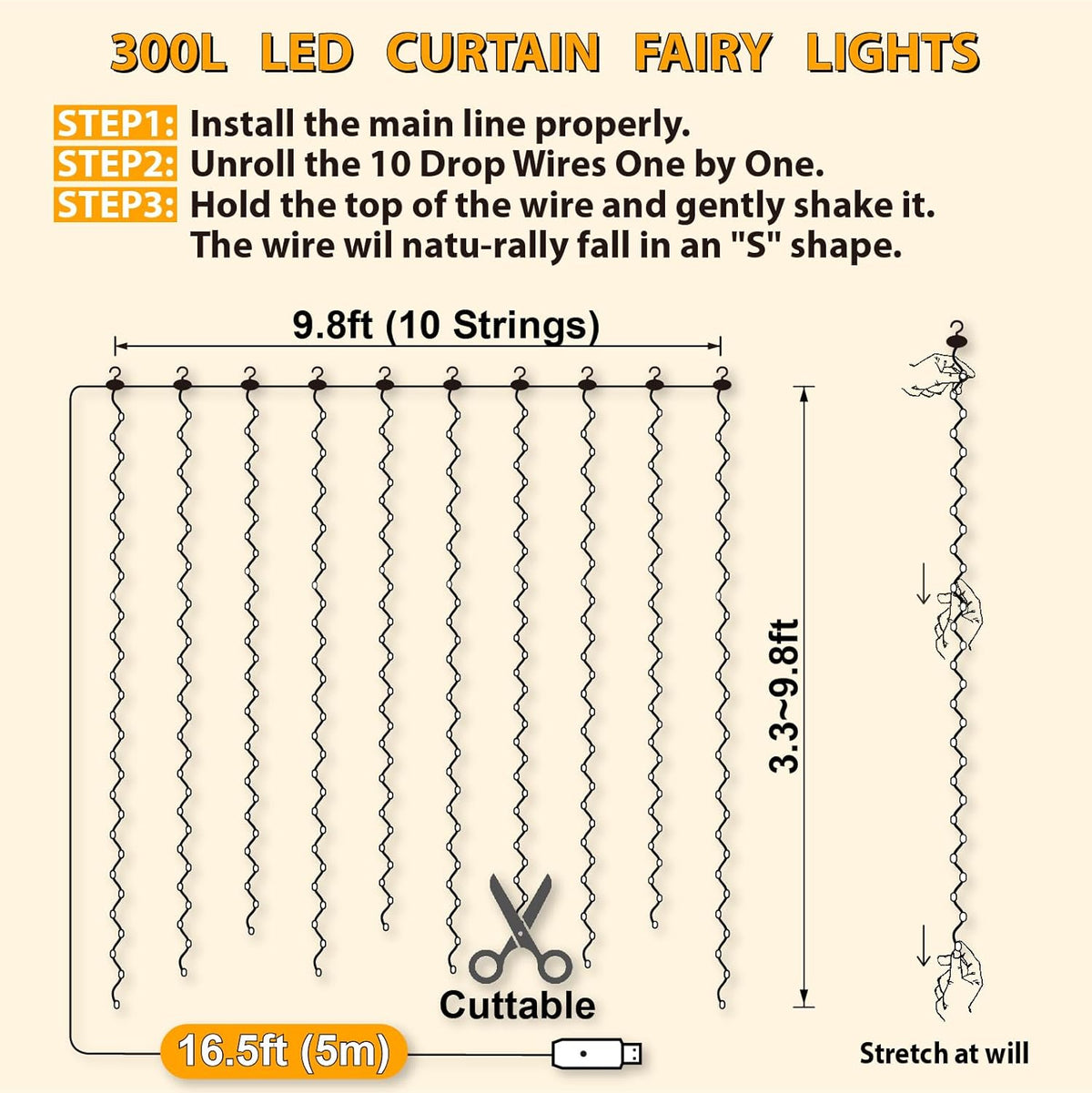 HXWEIYE 300LED Fairy Curtain Lights, 9.8x9.8Ft Warm White USB Plug in 8 Modes Christmas String