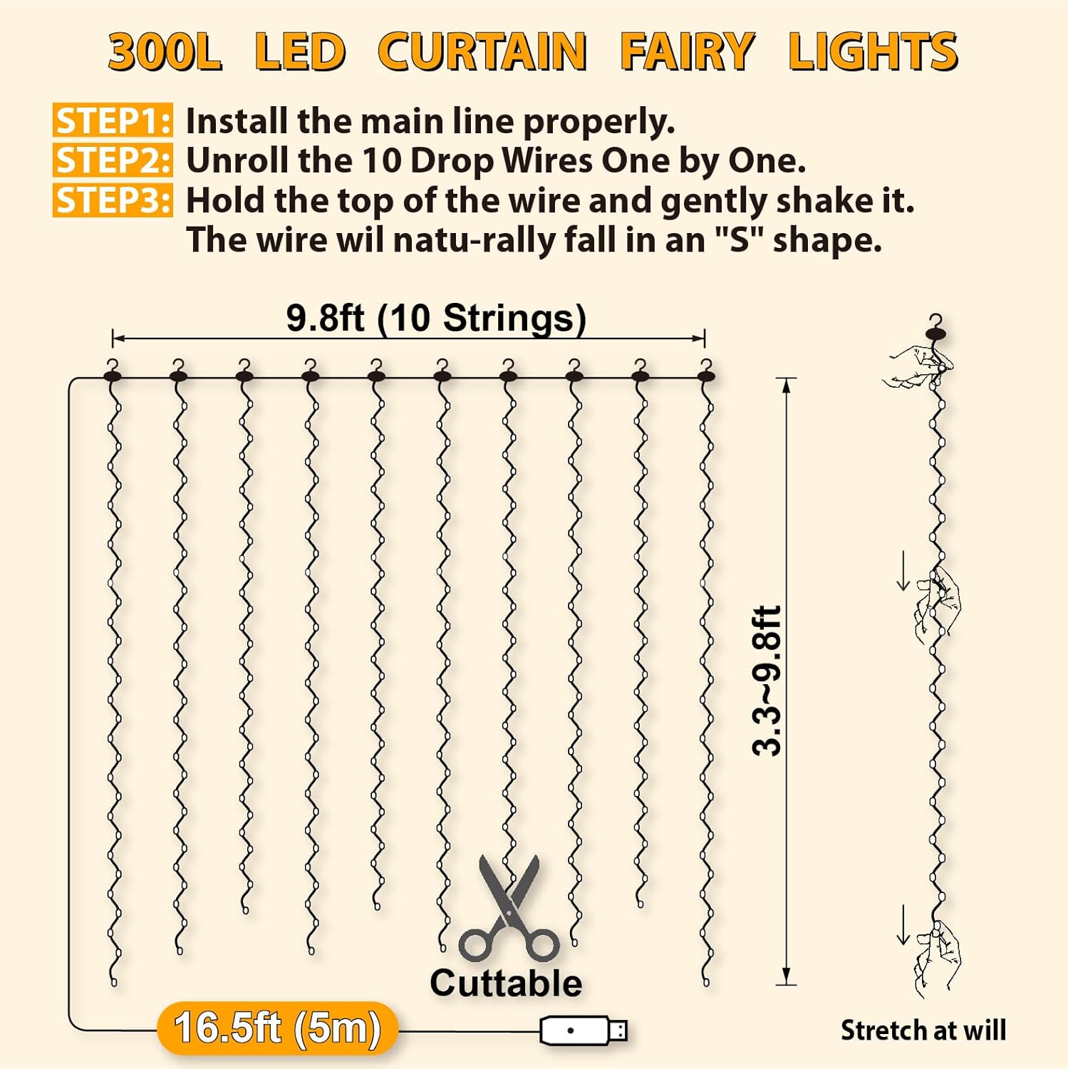HXWEIYE 300LED Fairy Curtain Lights, 9.8x9.8Ft Warm White USB Plug in 8 Modes Christmas String