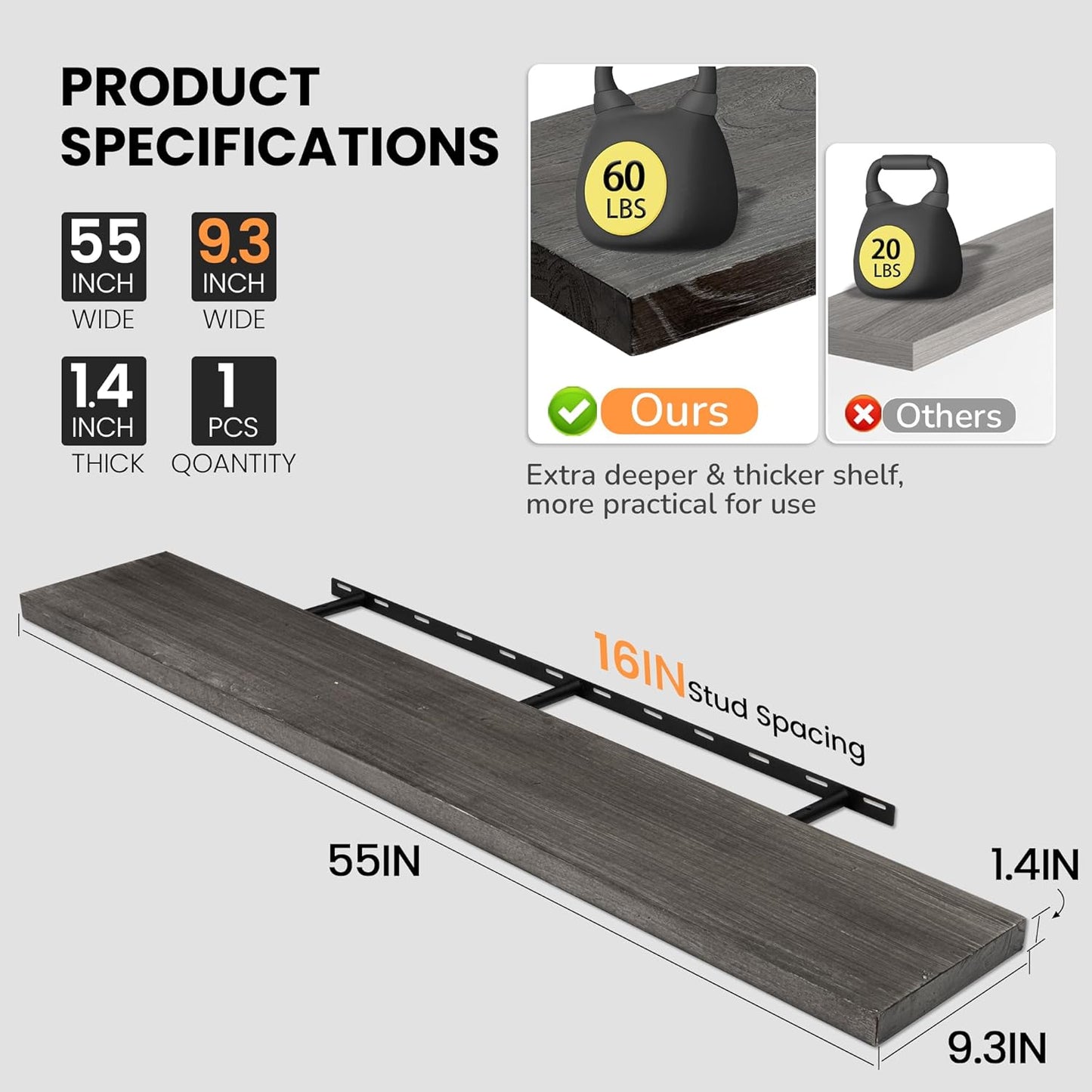 Fun Memories Floating Shelves for Wall, 55"x9.3" Rustic Solid Elm Wood Shelves, Heavy-Duty Wall