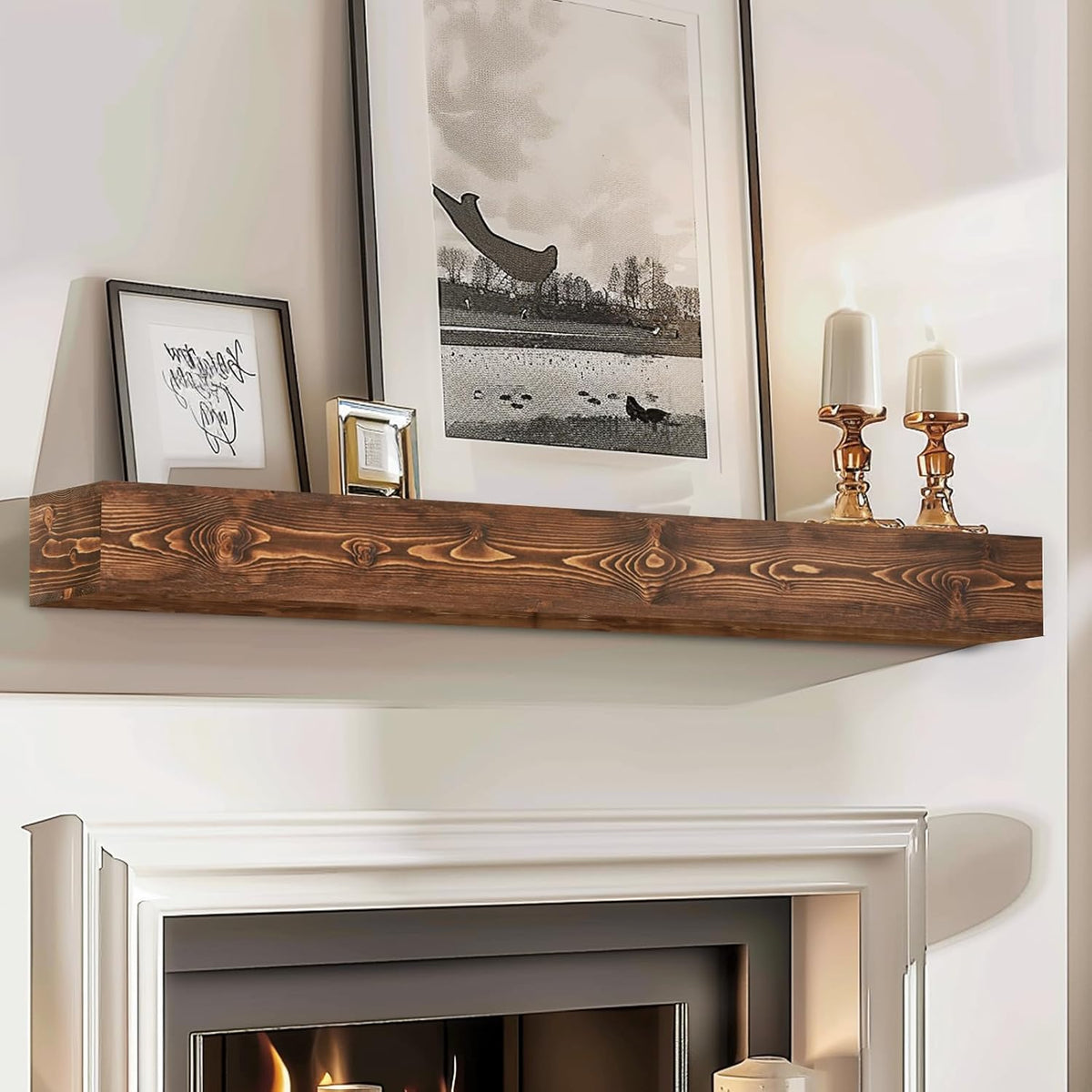 48x8x5 Fireplace Mantel - Handcrafted Hollow Rustic Solid Wood Wall Mounted Floating Shelf with