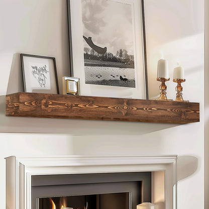 48x8x5 Fireplace Mantel - Handcrafted Hollow Rustic Solid Wood Wall Mounted Floating Shelf with