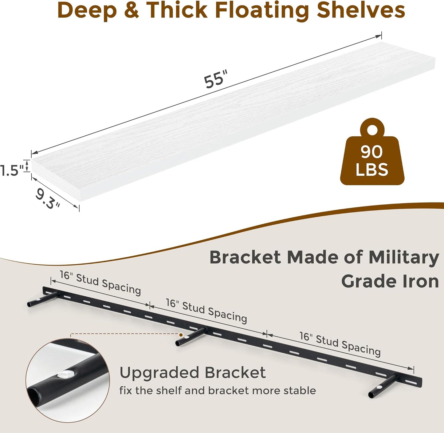 55 Inch Floating Shelves White, Rustic Wood Floating Shelf Wall Mounted, 9 Inch Deep Floating Shelf