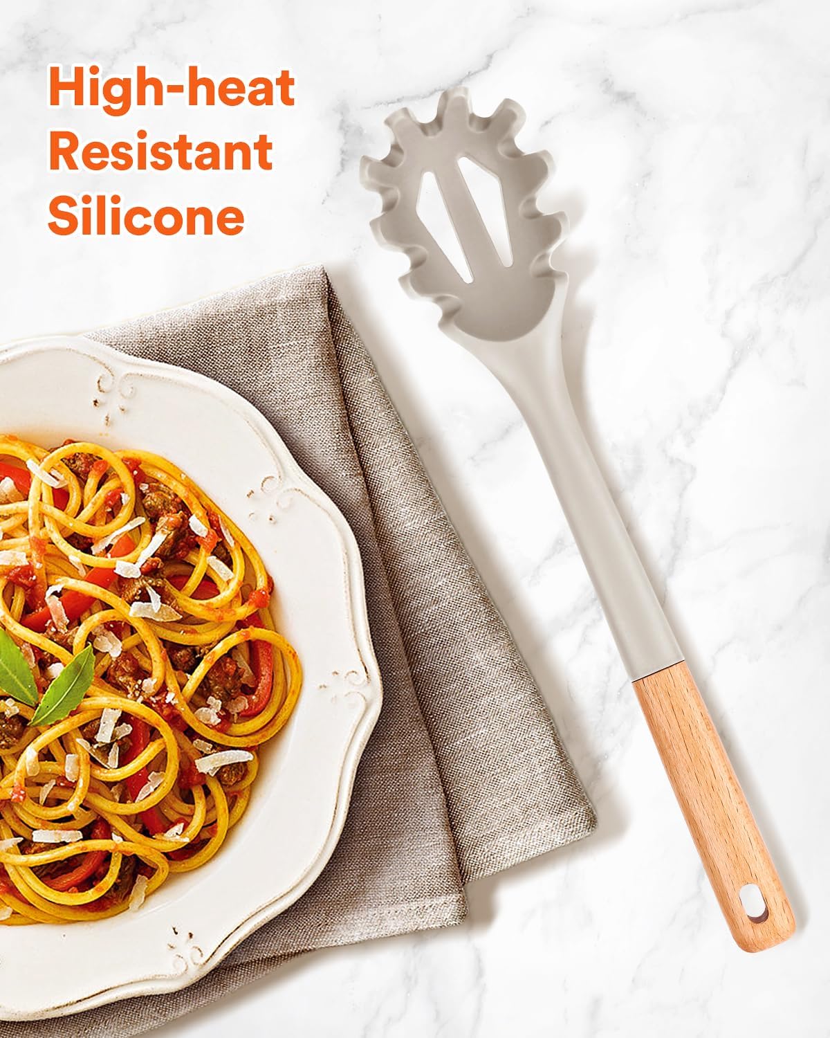 Silicone Pasta Fork, Kitchen Heat Resistant Noodle Spoon Server, BPA Free Spaghetti Strainer,12.8