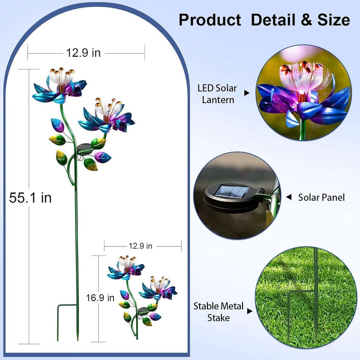 Solar Wind Spinners Blue Twin Flowers for Yard and Garden, Solar Windmill Garden Whirligig Kinetic